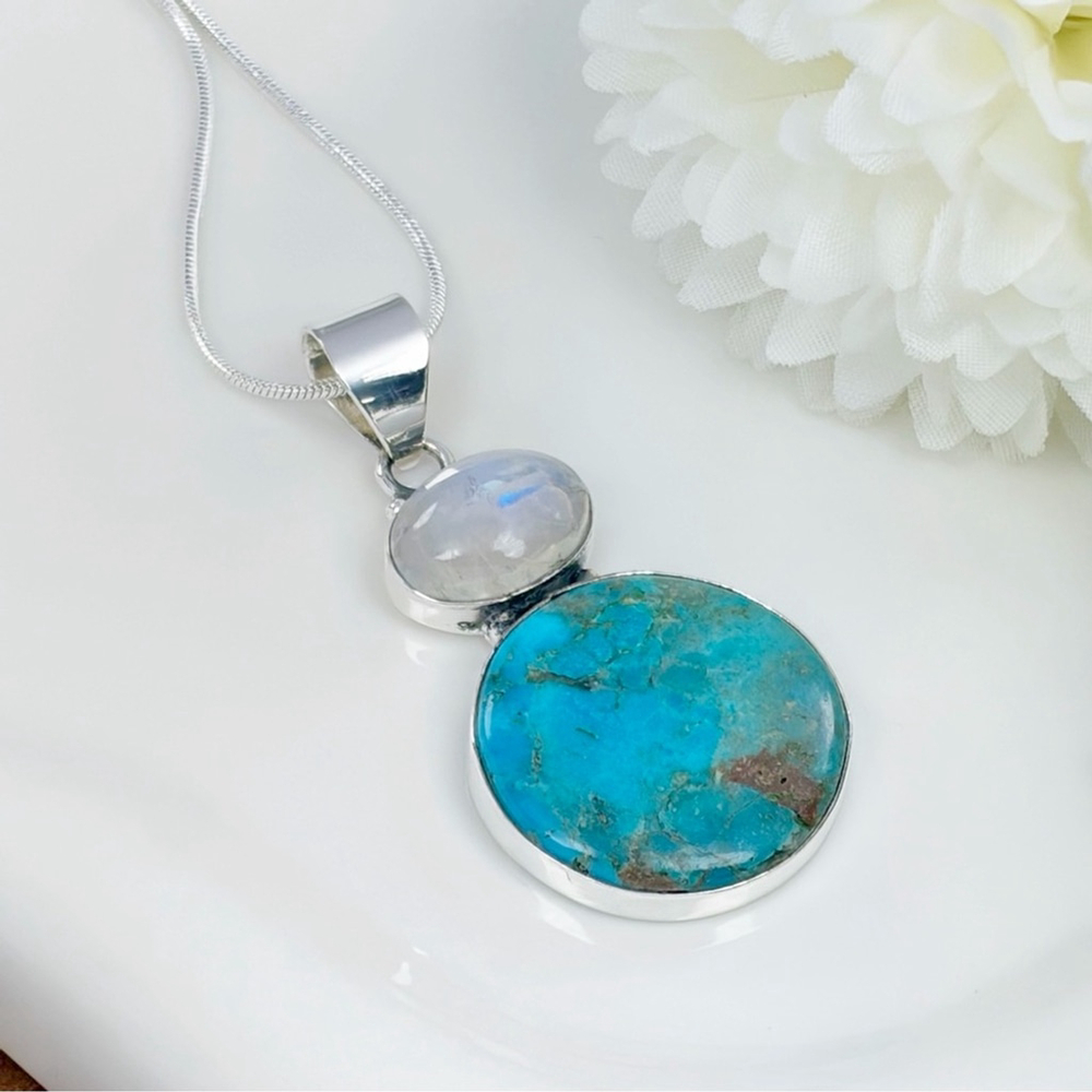 Rainbow Moonstone Turquoise Pendant Sterling Silver 925 Southwest Style - Picture 3 of 9